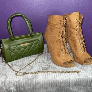 Tan High Heeled Boots & Olive Colored Crossbody Purse (Size 9)